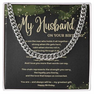 Chaîne à maillons cubaine pour mari avec carte de message sincère - Cadeau pour l'anniversaire d'un mari - Coffret cadeau avec collier pour homme