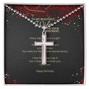 Colar de cruz de aço inoxidável com corrente de bolas – presente de aniversário para esposa com cartão de mensagem