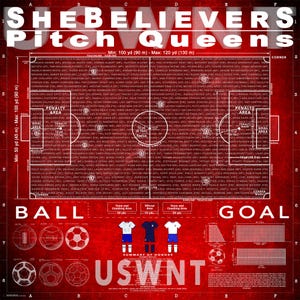 May include: A red diagram of a football pitch, labelled "SHEBELIEVERS Pitch Queens". It shows field dimensions, player names, and team details. The USWNT logo is at the bottom. The pitch is 90m to 130m long.