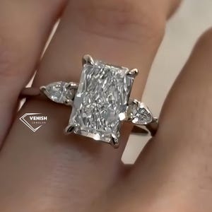 Three Stone Radiant Cut Moissanite Engagement Ring, 14K Solid Gold with Pear Side Stone, 4 CT Diamond Ring, 3 Stone Wedding Gift for Wife