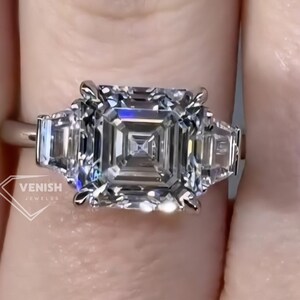 3.50 CT Asscher Cut Three Stone Moissanite Engagement Ring, 14K Solid Gold Trapezoid Side Stone Finger Full of Sparkle Ring Anniversary Gift