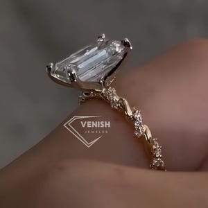 3.50 CT Emerald Cut Moissanite Engagement Ring, 14K Solid Gold, Double Rope Twisted Shank Band, Hidden Halo Ring, Wedding Gift or Mom
