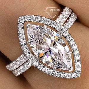 3 CT Marquise Cut Moissanite Wedding Bridal Set, 14K Solid Gold, With Round Eternity Band, Engagement Ring Set Promise Ring Gift