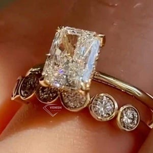 2.50 CT Radiant Cut Moissanite Wedding Bridal Set, 14K Solid Gold, With Round Eternity Band, Engagement Ring Set Promise Ring We Gift