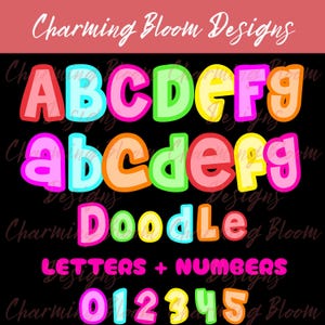 Preppy Buchstaben & Zahlen PNG Bundle, 7 Farben Doodle Alphabet Clipart, bunte A-Z az 0-9 Schriftart, Lehrer zurück in die Schule Sublimationsset