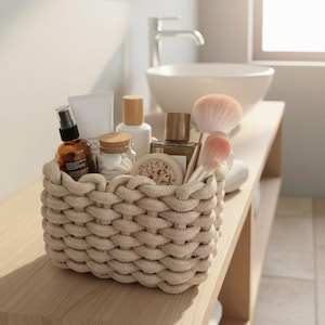 Peut inclure: Un panier en corde beige rempli de produits de beauté, dont des flacons, des pots et des pinceaux de maquillage. Le panier est posé sur une étagère en bois dans une salle de bain. Les articles sont de couleurs variées.