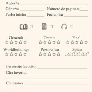 Plantilla reseña libro PDF – Diario de lectura imprimible minimalista