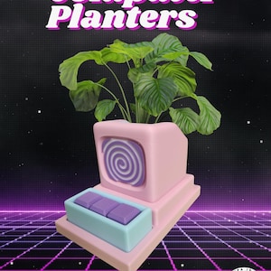 May include: A retro-style computer planter in pastel pink, blue, and purple, with a green plant. The planter has a screen with a spiral design and a keyboard. The text "Retro Computer Planters" is at the top.