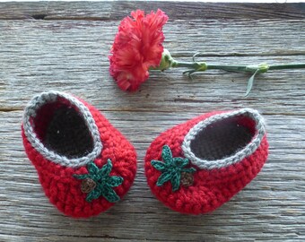 Crocheted Baby Booties in Red and Gray with Crocheted Leaves, Crocheted Baby Booties