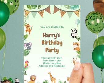 Animal Jungle Baby/Child&#39;s Birthday Party Editable Invitation - Instant Download, Customisable