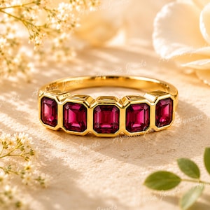 Bezel Set Emerald Cut Ruby Ring, Vintage Gold Five Stone Band
