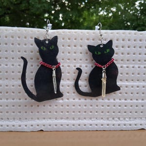 Gothic Witchy Black Cat Earrings with Quartz Pointe Crystals
