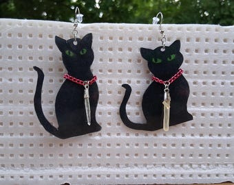 Gotische zwarte kattenoorbellen met kwartssteenkristallen - Witchy Crystal Cat Jewelry