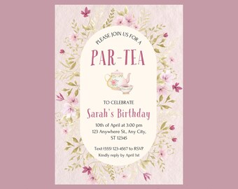 Tea Party Invite Template | Birthday Invitation Template | Tea Party Birthday Invitation | Girl's Birthday Invitation | Floral Invitation