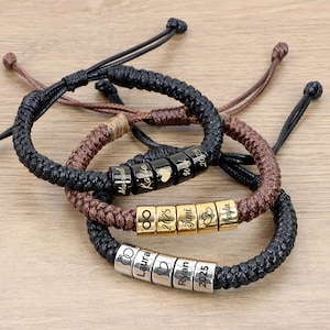 Personalized Kids Name Bracelet, Custom Beads Bracelet, Leather Bracelet for Men, Couple Bracelet, Gift For Him, Boyfriend, Dad, Husband