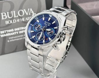 Bulova Marine Star Men's Chronograph Watch 96B256 • Blue Dial 43mm Silver Stainless Steel Quartz Wristwatch • Premium Luxury Gift for Him