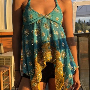 Sheer Beaded Halter Top - Turquoise & Gold Festival Top, Sequin Embroidered Handkerchief Crop Top, Y2K Vintage Style, Summer Clothing