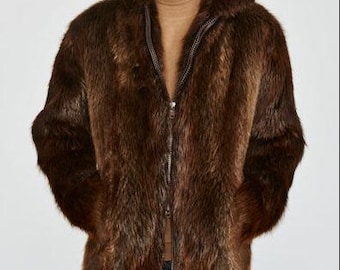 新品カナダ産長毛ビーバー毛皮コートジャケットメンズ男性サイズサイズ