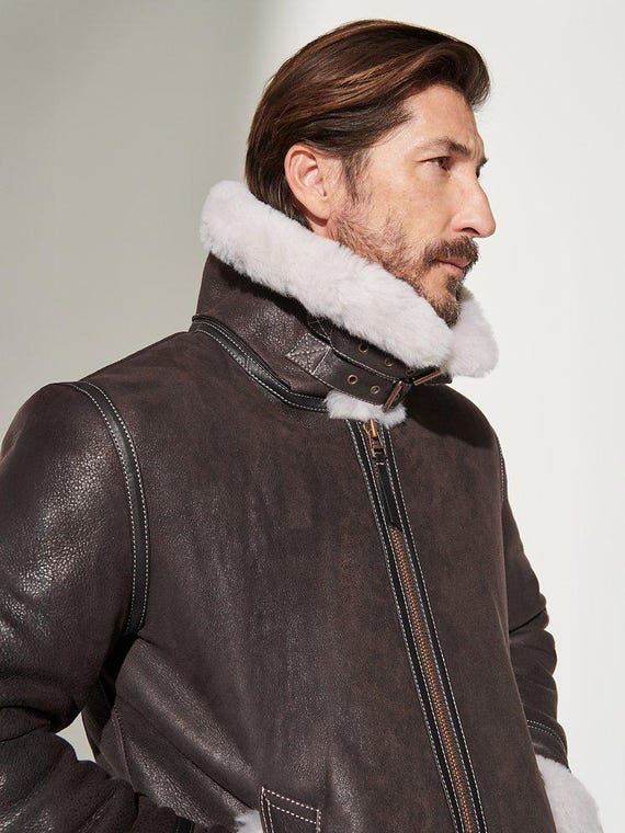 メンズ本革シープスキンムートンジャケット：高級レザー、ブルー