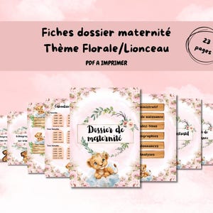 Peut inclure: Ensemble de documents de suivi de grossesse sur le thème floral et lionceau. La couverture affiche le texte "Dossier de maternité". L'ensemble comprend 23 pages de fichiers PDF imprimables, avec un design rose et floral.
