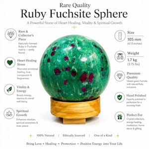 May include: A polished Ruby Fuchsite sphere with vibrant green and deep red inclusions, resting on a light wooden stand. Text includes Rare Quality Ruby Fuchsite Sphere, 105 mm (4.13 inches) size, and 1.7 kg (3.75 lbs) weight with descriptive icons.