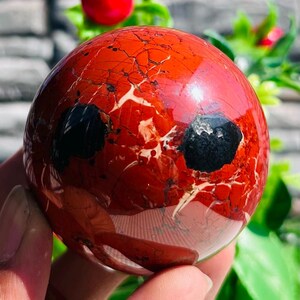 Puede incluir: Una esfera de jaspe rojo con inclusiones negras y vetas blancas. La gema pulida se sostiene en una mano, con un fondo borroso de follaje verde y una flor roja. La superficie de la esfera tiene una apariencia agrietada.