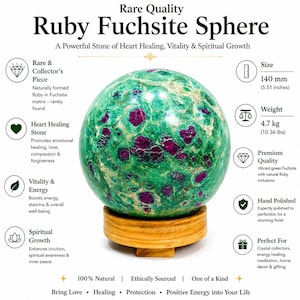 May include: A polished Ruby Fuchsite sphere with vibrant green and deep red inclusions, resting on a circular wooden stand. The text reads Rare Quality Ruby Fuchsite Sphere, 140 mm (5.51 inches), 4.7 kg (10.36 lbs), and other descriptive details.