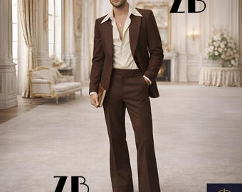 Chocolate Brown 2 Piece Suit Trauanzug Herren Costume Homme 70s Flared Groom Retro Vintage Wedding Bespoke Old Money Zevan Menswear