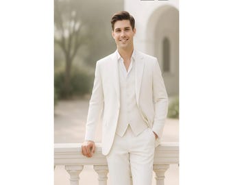 Traje de tres piezas para hombre estilo retro años 70 en color blanco marfil / Traje de boda clásico a medida / Elegante traje de novio / Traje formal de lujo a medida