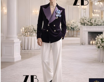 Purple Velvet Double Breasted Suit Trauanzug Herren Costume Homme 70s Flared Groom Retro Vintage Wedding Bespoke Zevan Old Money Menswear