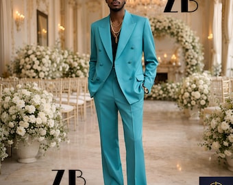 Teal Blue Double Breasted Suit Trauanzug Herren Costume Homme 70s Flared Groom Retro Vintage Wedding Bespoke Turquoise Menswear