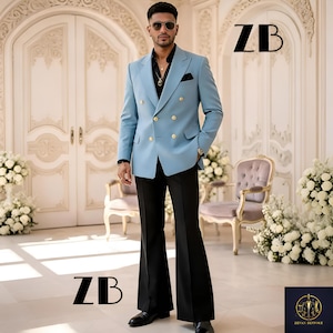 Light Blue Double Breasted Jacket Black Flared Pants Trauanzug Herren Costume Homme 70s Retro Vintage Wedding Bespoke Zevan Menswear