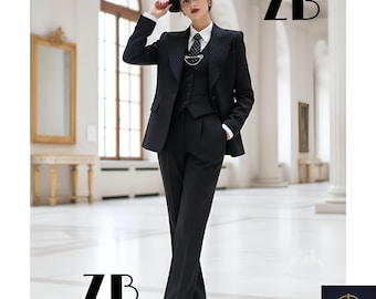 Zwart 3-delig damespak Damenanzug Schwarz-kostuum Tailleur Femme Noir Vintage herenkleding vest broekpak Dark Academia formele custom