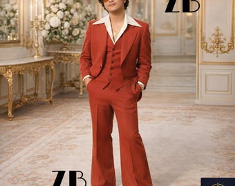 Terracotta 3 Piece Suit Trauanzug Herren Costume Homme 70s Flared Groom Retro Vintage Wedding Bespoke Rust Red Zevan Menswear