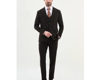 Dark Brown Three Piece Men’s Suit | Chocolate Brown Wedding Suit | Classic Groom Suit | Elegant Tailored 3-Piece Suit | Luxury Formal Suit