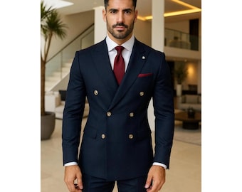 Navy Blue Double Breasted Men’s Suit | Luxury Formal Suit for Men | Classic Groom Suit | Tailored Business Suit | Custom Made Men’s Suit