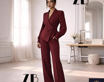 Burgundy Wrap Womens Suit Damenanzug Weinrot Costume Tailleur Femme Bordeaux Asymmetrical Peplum Blazer Flared Pantsuit Formal Custom