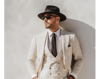 70s Retro Cream Linen Men’s Three-Piece Suit | Summer Wedding Suit for Men | Lightweight Tailored Suit | Vintage-Inspired Luxury Formal Suit