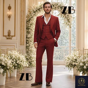 Crimson 3 Piece Suit Trauanzug Herren Costume Homme 70s Flared Groom Retro Vintage Wedding Bespoke Old Money Ruby Red Menswear