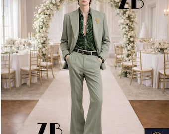 Sage Green Single Breasted Suit Trauanzug Herren Costume Homme 70s Flared Groom Retro Vintage Wedding Bespoke Zevan Old Money Menswear