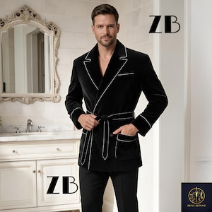 Black Velvet Smoking Jacket Men White Piping Wrap Blazer Vintage Loungewear Old Money Custom Tie Belt Suit Jacket Zevan Bespoke Menswear