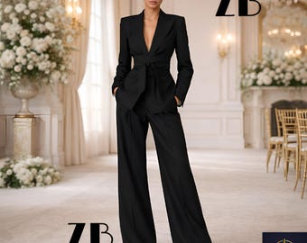 Black Womens Suit Tie Waist Blazer Wide Leg Trouser Pantsuit Custom Formal Evening Wear Old Money Zevan Bespoke Tailleur Femme Tuxedo