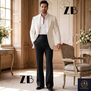 Ivory White Tuxedo Jacket Black Flared Pants Trauanzug Herren Costume Homme 70s Retro Vintage Wedding Bespoke Old Money Zevan Menswear