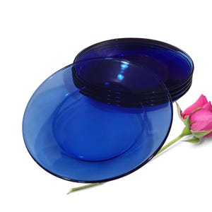 Set of 5 Vintage Cobalt Blue Glass Plates — 7.25” Bread, Salad, or Dessert Plates — Unmarked Artisan Glassware