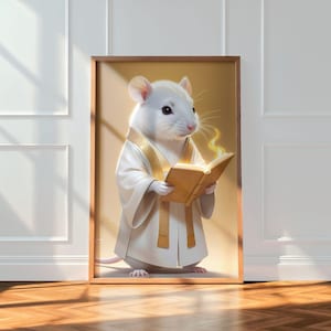 Puede incluir: Una impresión enmarcada que presenta un ratón blanco vestido con una túnica blanca con detalles dorados, sosteniendo un libro dorado. El ratón tiene una expresión seria, y el libro emite una luz brillante. La obra de arte está sobre un fondo cálido y dorado.