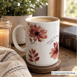 Christian Mug, Trust in the Lord with All Thine Heart, Faith Coffee Cup Floral Bible Verse Gift, Inspirational Scripture 15oz Mug for Women