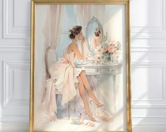 Makeup Room Wall Art: Minimalist Pink Woman Mirror Chic Fashion Poster Digital Download