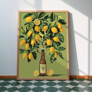 Lemon Tree Wall Art, Vibrant Lemon Kitchen Print, Beer and Lemon Wall Art, Spanish Citrus Wall Decor, Funky Citrus Fruit Art, Home Decor