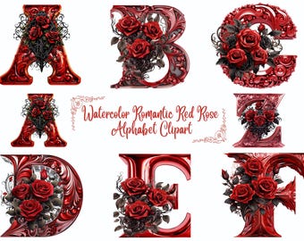 Clipart Alphabet Collection, Red Rose Initial Png, Watercolor Rose Letters, Wedding Initials Png, Modern Floral Alphabet, Floral Monogram