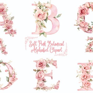 May include: Watercolor alphabet letters A, B, C, D, E, F, and Z, in soft pink, adorned with pink roses and greenery. The words "Soft Pink Botanical Alphabet Clipart" are written in a decorative font.